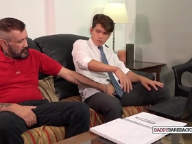 Inked dilf bareback fucked by hung twink in uniform