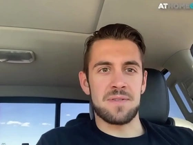 Hung stud jerks cock behind the wheel