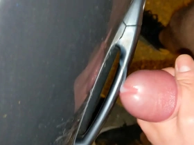 Cumming on stranger's car door handle public