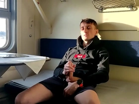 Hoodie & shorts - jerking off in a train cabin while alone
