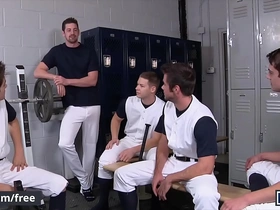 (johnny rapid) shoots his load while getting double penetrated in an orgy with his coach (andrew stark) - men